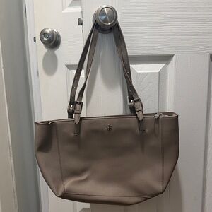 Tory Burch Neutral Taupe Leather Double-Handle Tote